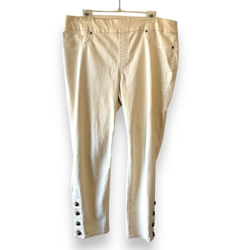 Chico's Denim Button Hem Pull On‎ Ankle Jeggings Jeans Cream 12R